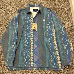 NWT Chubbies Geometric Stripe Long Sleeve Polo - Blue, Green, Yellow